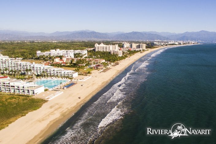 Aerial view of hotels along the beaches of Flamingos Riviera Nayarit MX