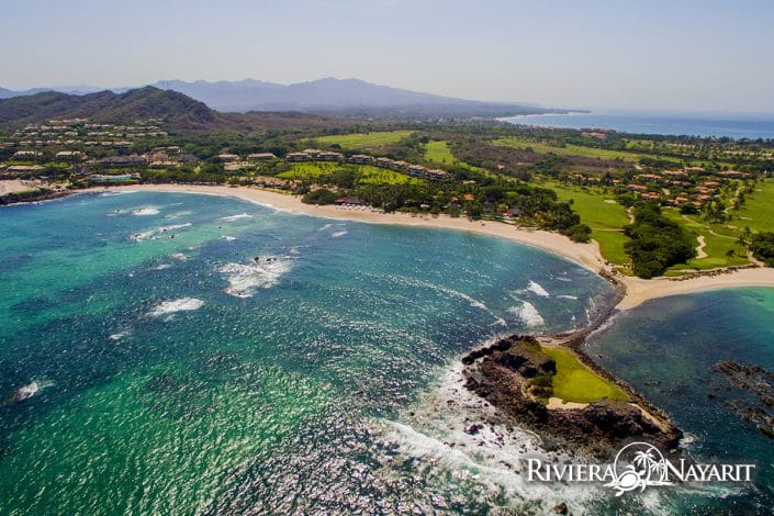 Aerial view of Tail of the Whale golf green at Punta Mita Golf course in Riviera Nayarit MX