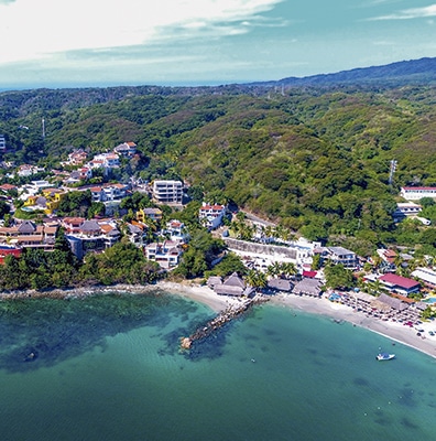Arial view of the beach and town of La Cruz de Huanacaxtle in Riviera Nayarit Mexico